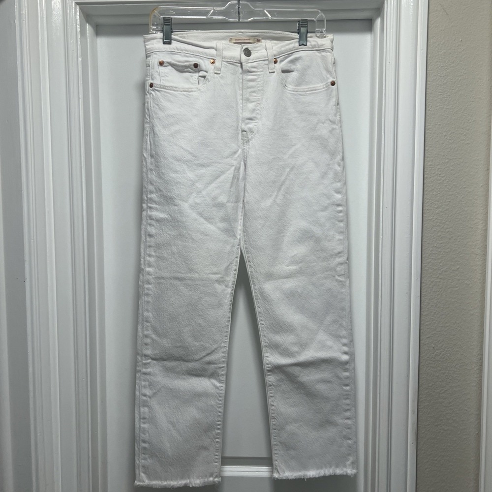Levi's Premium Womens Wedgie Straight Jeans Sz 30x27 White Button Fly Raw Hem